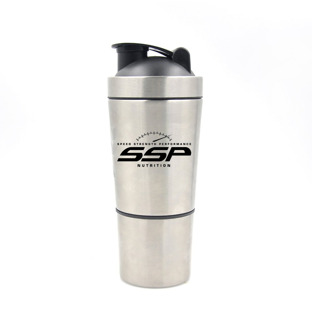 SSP Stainless Steel Shaker w/ built in mixing lid and storage compartment